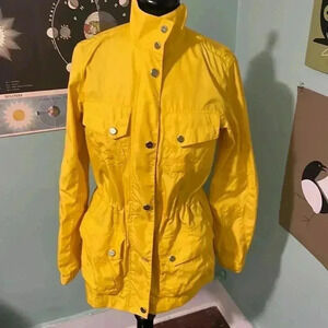 Lauren, bright, yellow, cinched waist, water, resistant outdoor jacket m